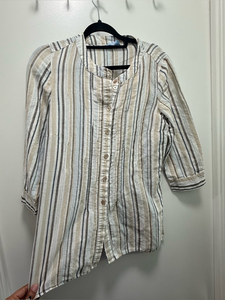 Striped Linen-Blend 3/4 Sleeve Button-Down Blouse In Neutral Tones Size S